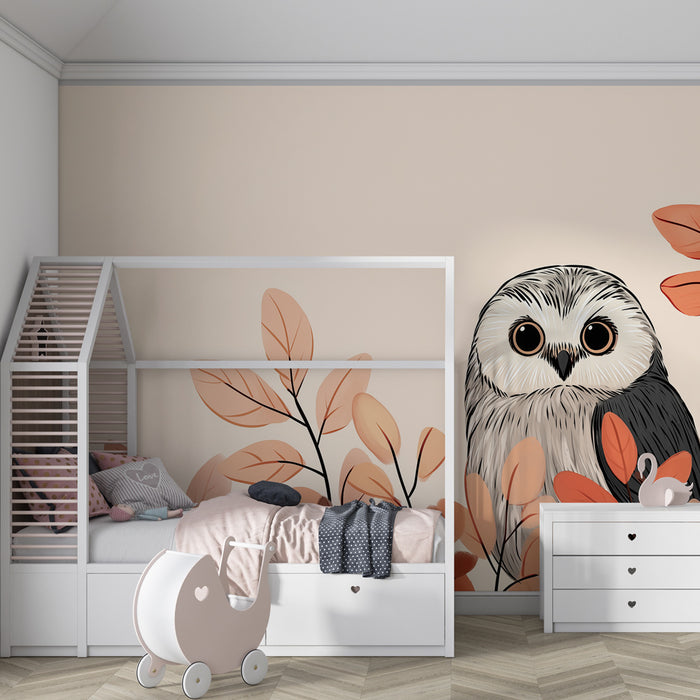 Papier peint chambre bébé | Hibou curieux parmi les feuilles d'automne