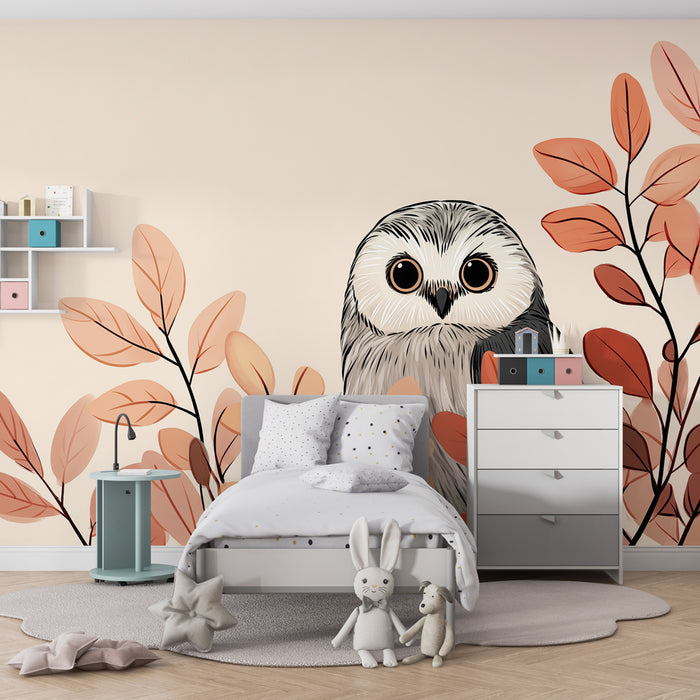 Papier peint chambre bébé | Hibou curieux parmi les feuilles d'automne