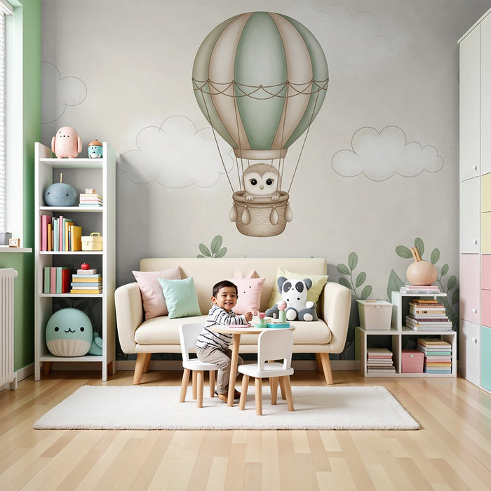 Tapéta baba szobába | Bagoly léghajón egy erdő felett