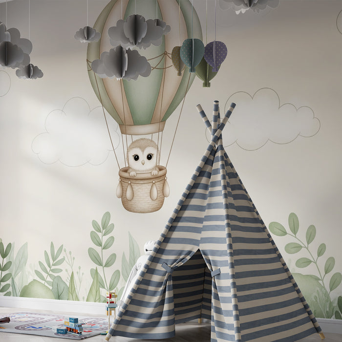 Tapéta baba szobába | Bagoly léghajón egy erdő felett