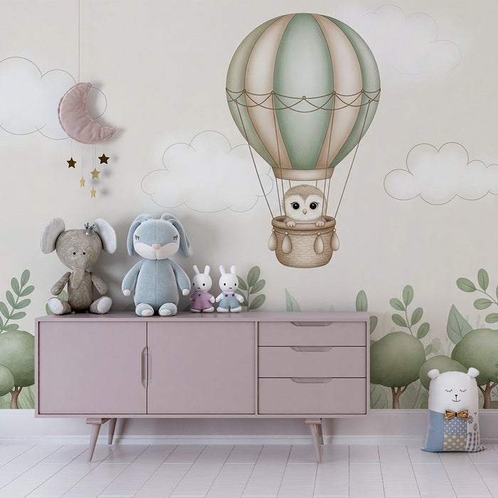 Tapéta baba szobába | Bagoly léghajón egy erdő felett