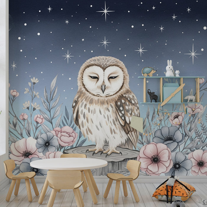 Papier peint chambre bébé | Hibou dans un ciel nocturne étoilé