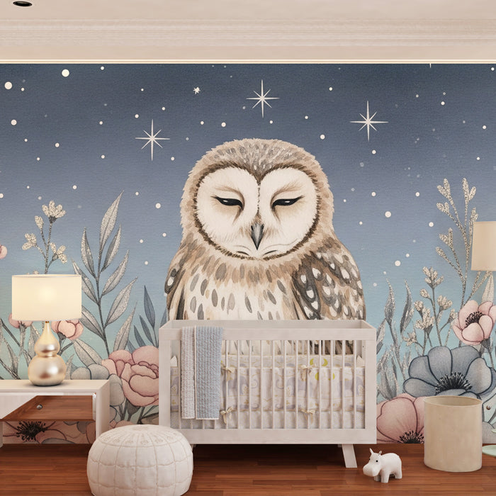 Papier peint chambre bébé | Hibou dans un ciel nocturne étoilé