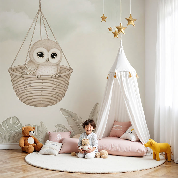 Papel de parede quarto bebê | Coruja em uma cesta suspensa