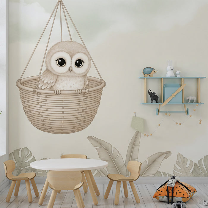 Papel de parede quarto bebê | Coruja em uma cesta suspensa
