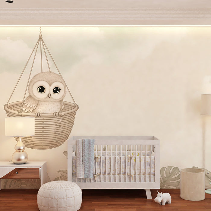 Papel de parede quarto bebê | Coruja em uma cesta suspensa