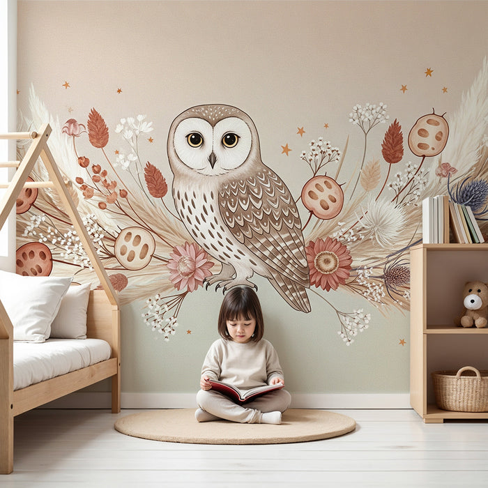 Babykamer behang | Elegante uil omringd door bloemen en zachte bladeren