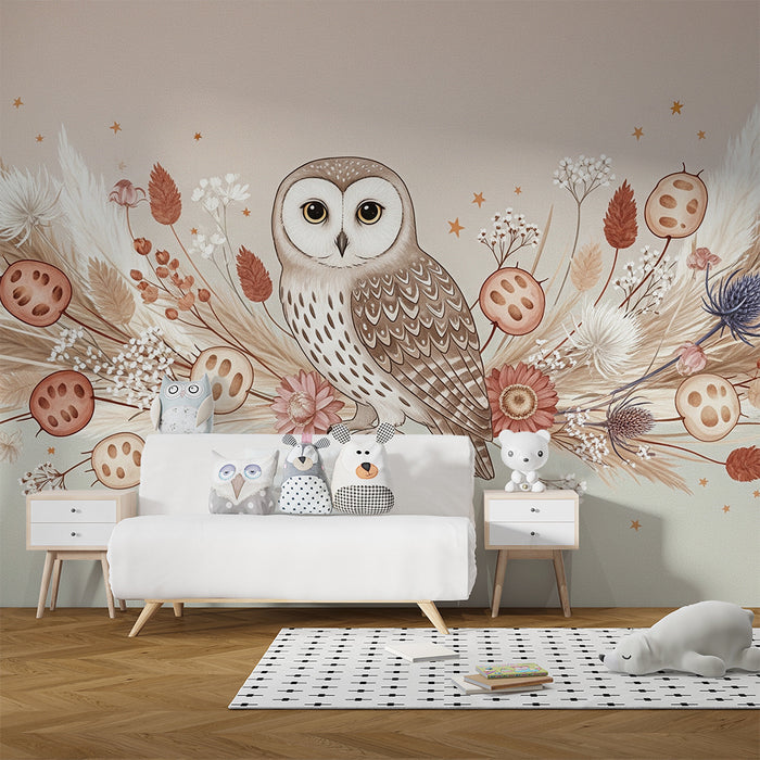 Babykamer behang | Elegante uil omringd door bloemen en zachte bladeren