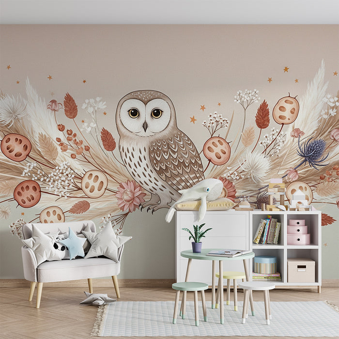Babykamer behang | Elegante uil omringd door bloemen en zachte bladeren