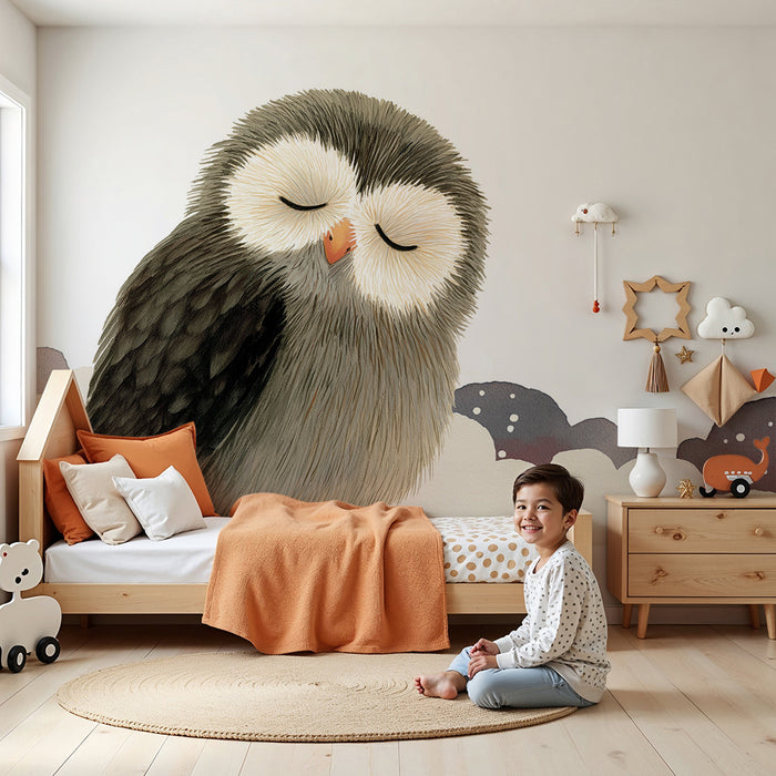 Carta da parati bambini | Gufo addormentato tra le nuvole stellate