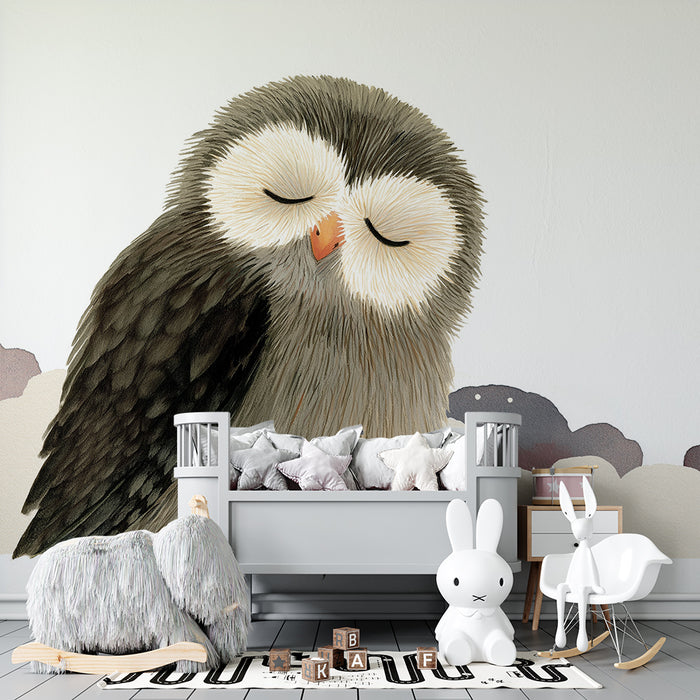 Carta da parati bambini | Gufo addormentato tra le nuvole stellate