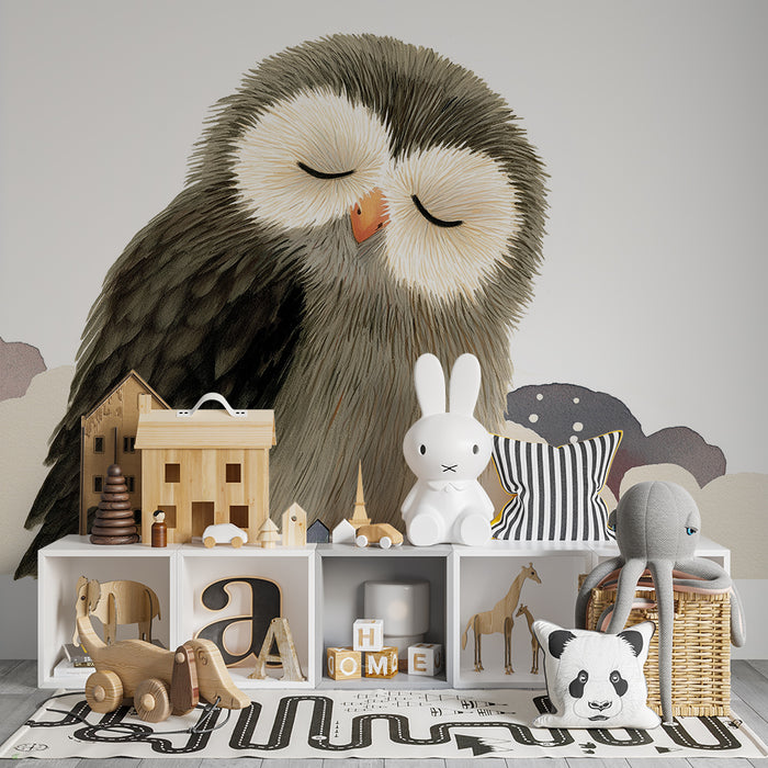 Carta da parati bambini | Gufo addormentato tra le nuvole stellate