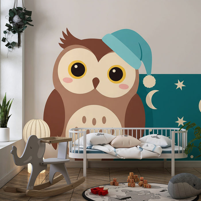 Baby's room wallpaper | Sleeping owl under a starry sky