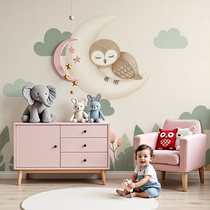 Papier peint chambre bébé | Hibou endormi sur la lune