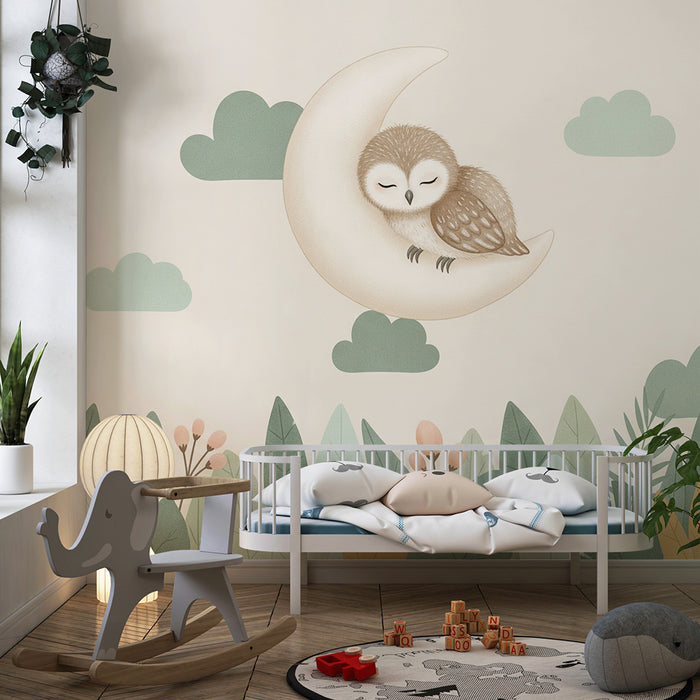Papier peint chambre bébé | Hibou endormi sur la lune