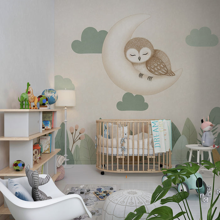 Papier peint chambre bébé | Hibou endormi sur la lune