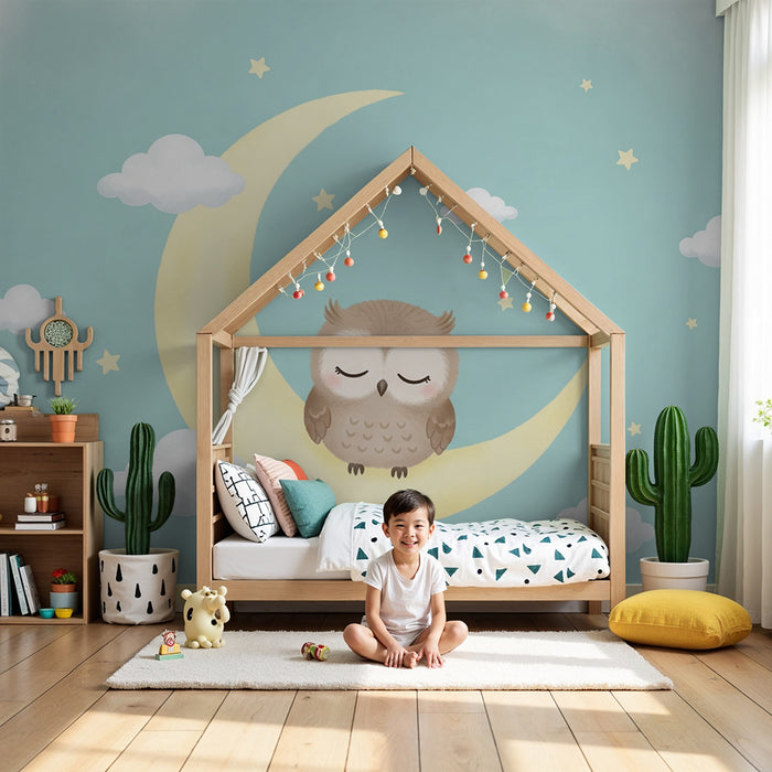 Nursery room wallpaper | Sleepy owl on a crescent moon with clouds and stars