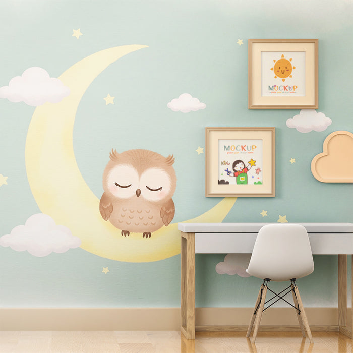 Nursery room wallpaper | Sleepy owl on a crescent moon with clouds and stars
