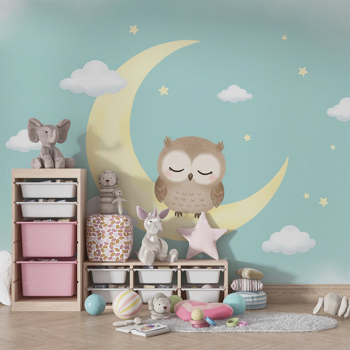 Nursery room wallpaper | Sleepy owl on a crescent moon with clouds and stars