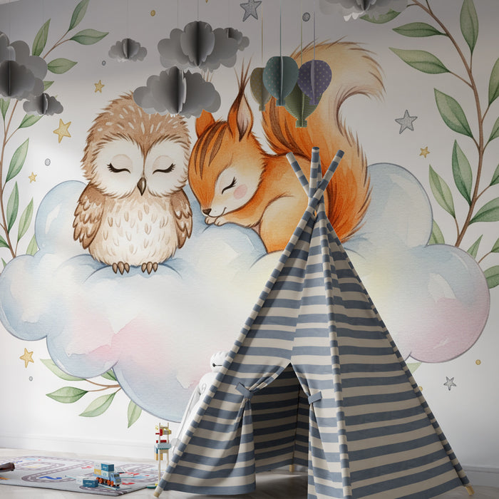 Papier peint chambre bébé | Hibou et écureuil endormis sur un nuage