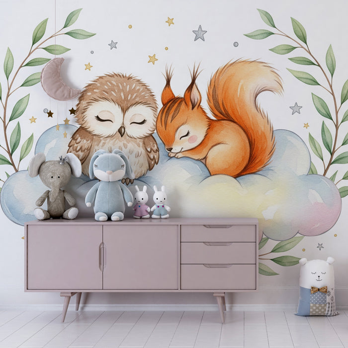 Papier peint chambre bébé | Hibou et écureuil endormis sur un nuage