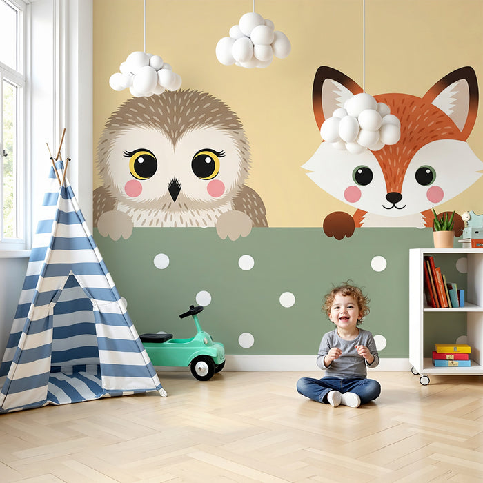Papier peint chambre bébé | Hibou et renard mignons sur fond pastel