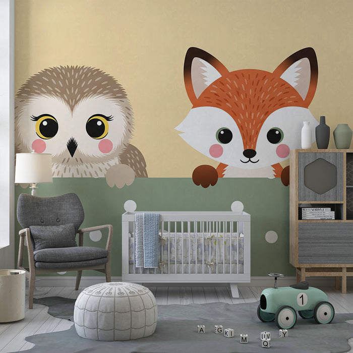 Papier peint chambre bébé | Hibou et renard mignons sur fond pastel