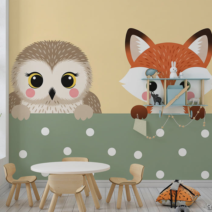 Papier peint chambre bébé | Hibou et renard mignons sur fond pastel