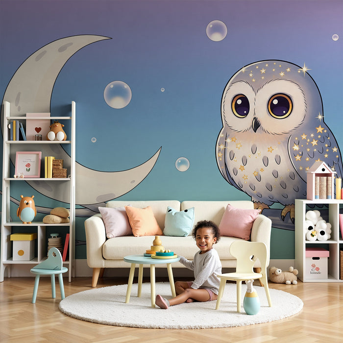 Lastenhuoneen tapetti | Tähtisilmäinen pöllö oksalla kuun ja kuplien kanssa
