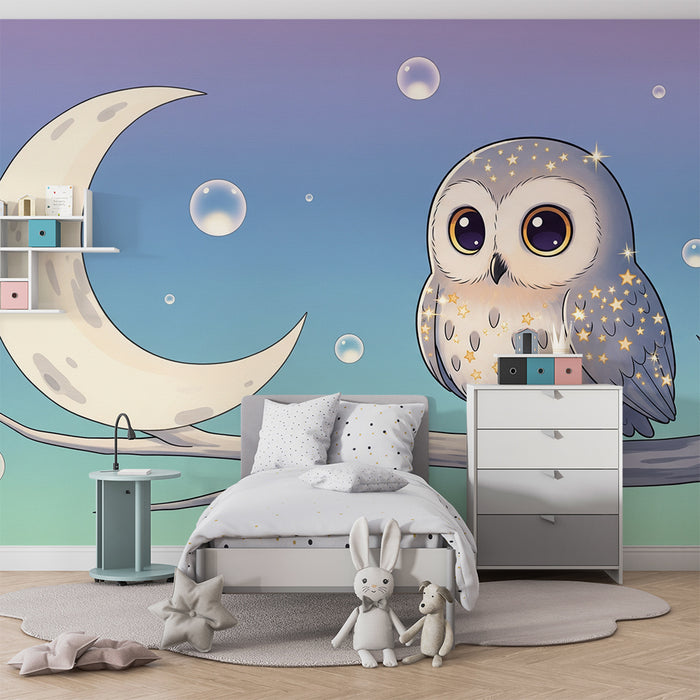 Lastenhuoneen tapetti | Tähtisilmäinen pöllö oksalla kuun ja kuplien kanssa
