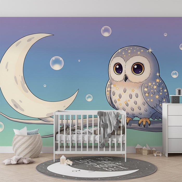 Lastenhuoneen tapetti | Tähtisilmäinen pöllö oksalla kuun ja kuplien kanssa
