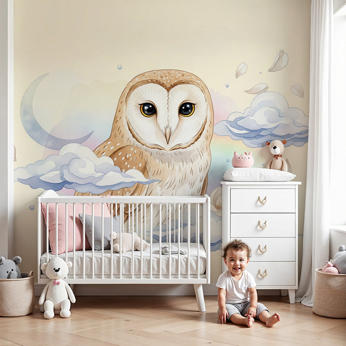 Baby nursery wallpaper | Majestic owl in a starry sky with soft clouds
