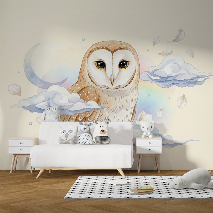 Baby nursery wallpaper | Majestic owl in a starry sky with soft clouds
