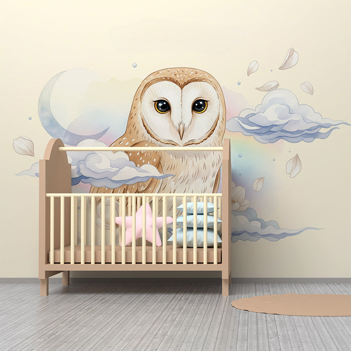 Baby nursery wallpaper | Majestic owl in a starry sky with soft clouds