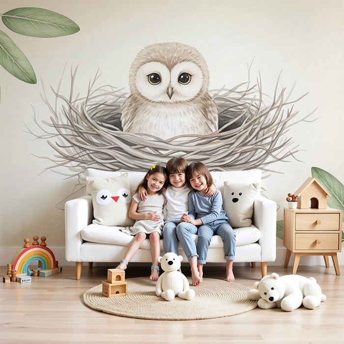Papier peint chambre bébé | Hibou mignon dans son nid