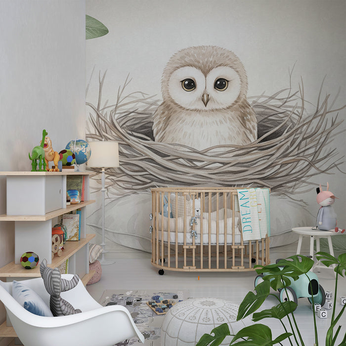 Papier peint chambre bébé | Hibou mignon dans son nid
