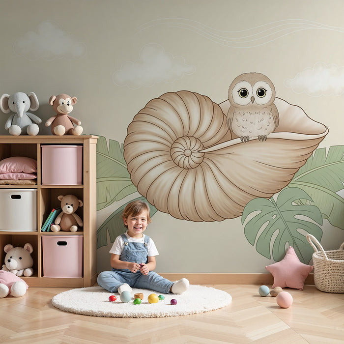 Papier peint chambre bébé | Hibou mignon dans une coquille