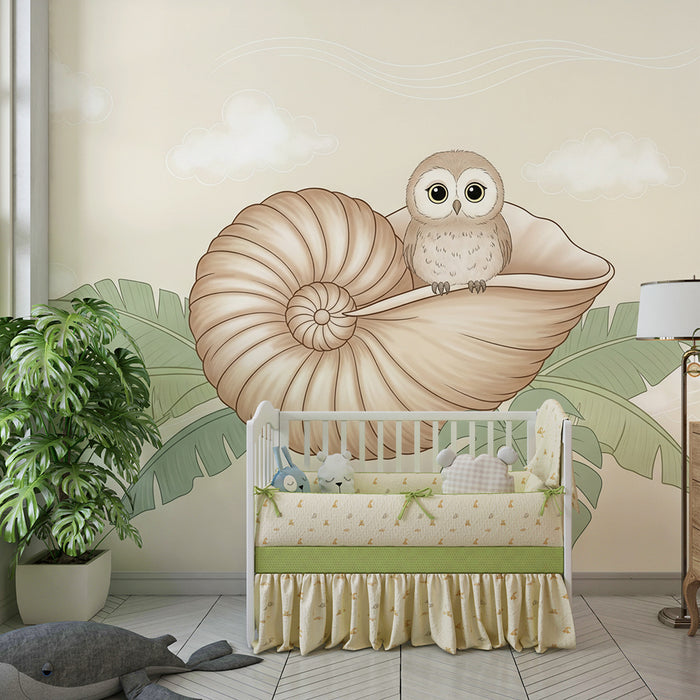 Papier peint chambre bébé | Hibou mignon dans une coquille