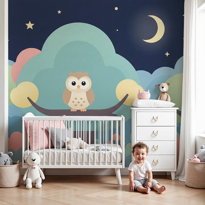 Barntapet | Söt uggla i en färgglad skog under stjärnorna