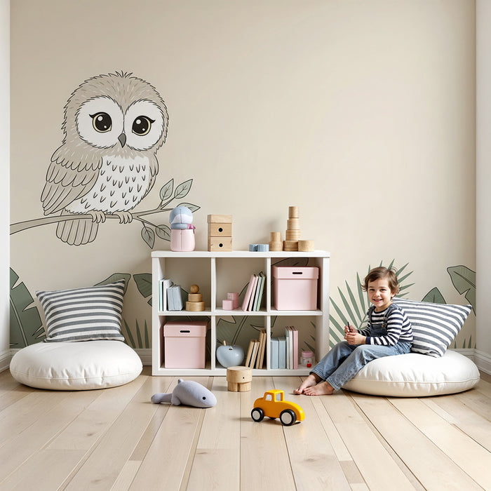 Papier peint chambre bébé | Hibou mignon et feuillage tropical