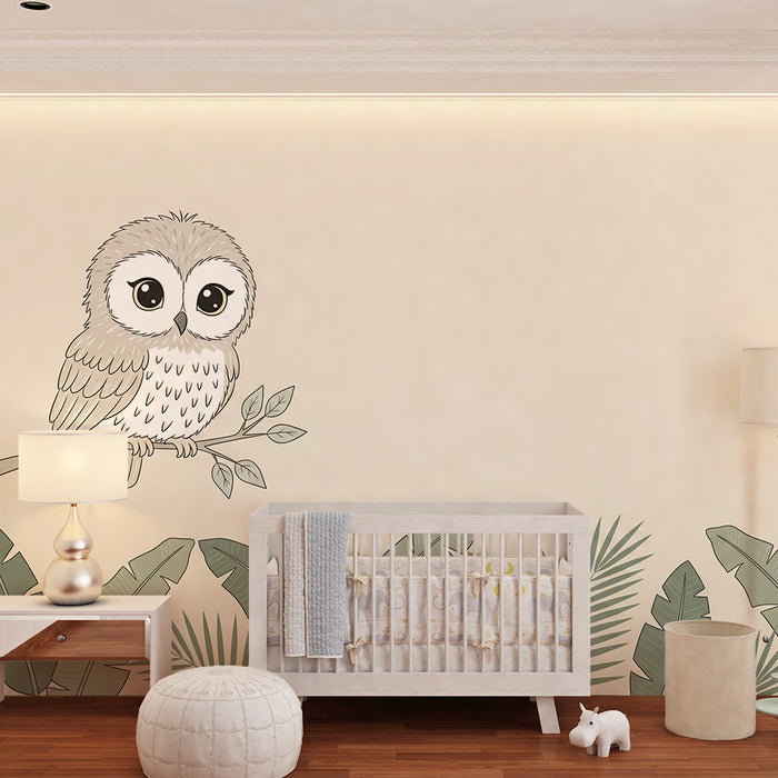 Papier peint chambre bébé | Hibou mignon et feuillage tropical