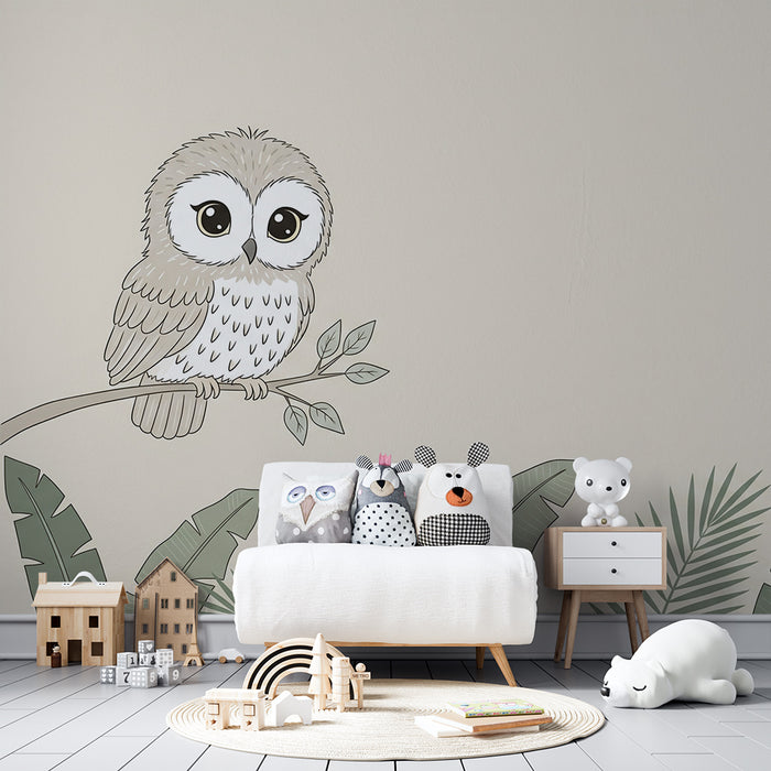 Papier peint chambre bébé | Hibou mignon et feuillage tropical
