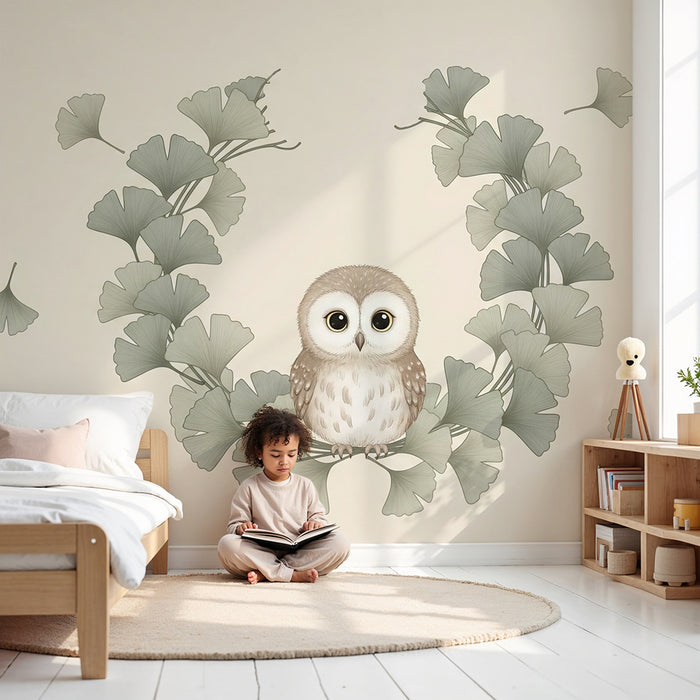 Babykamer behang | Schattige uil en ginkgo bladeren