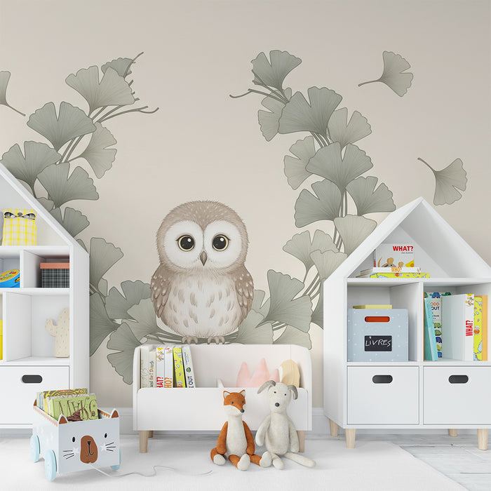 Babykamer behang | Schattige uil en ginkgo bladeren