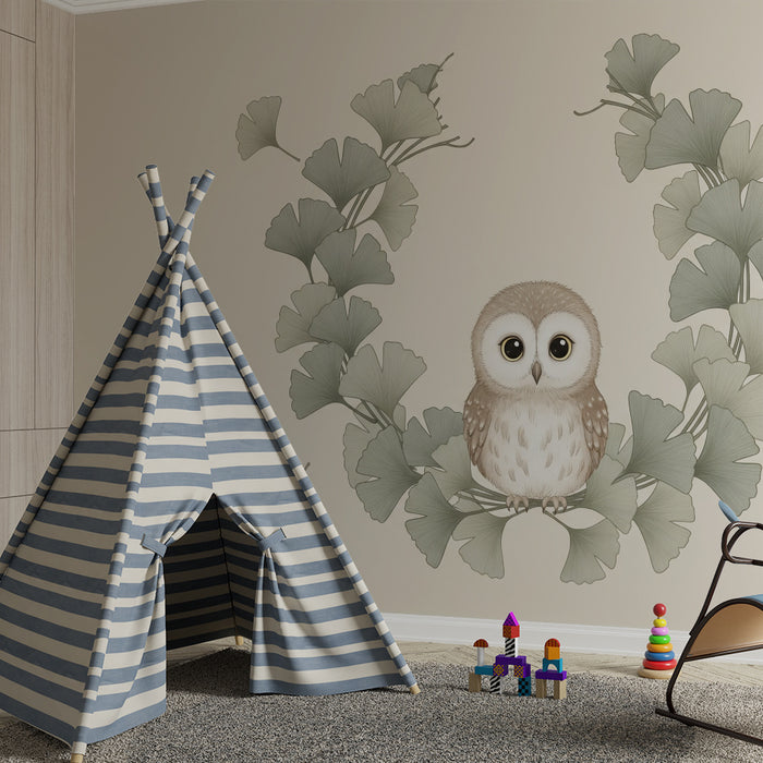 Babykamer behang | Schattige uil en ginkgo bladeren