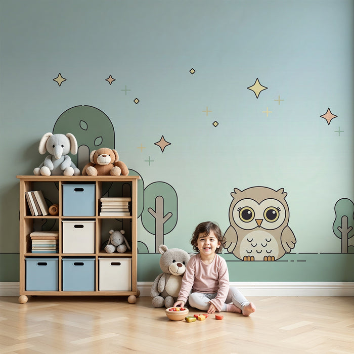 Nursery room wallpaper | Cute owl and enchanted forest