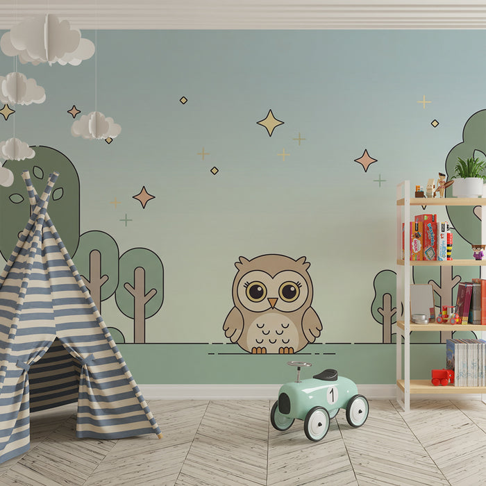 Nursery room wallpaper | Cute owl and enchanted forest