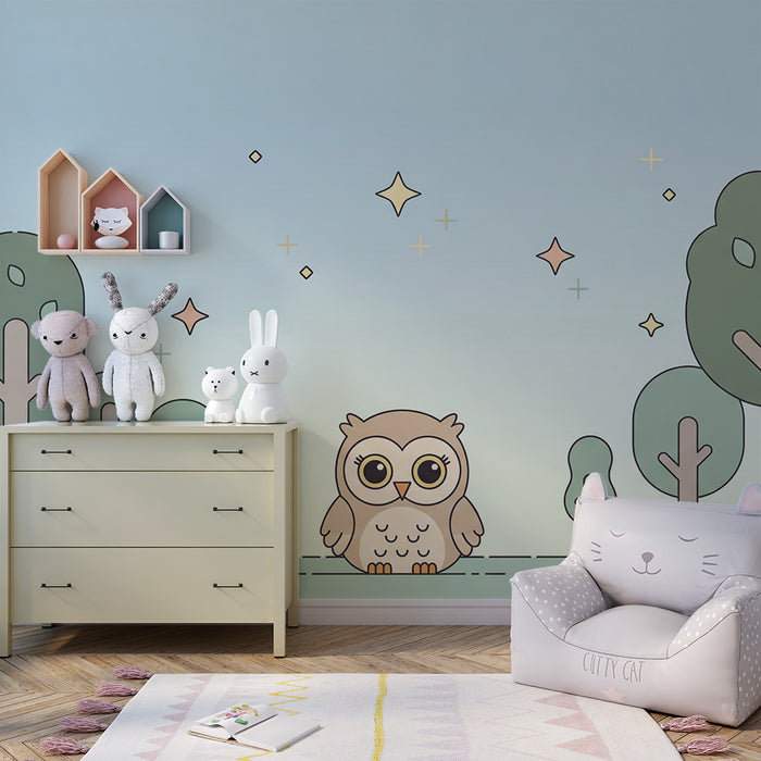 Nursery room wallpaper | Cute owl and enchanted forest