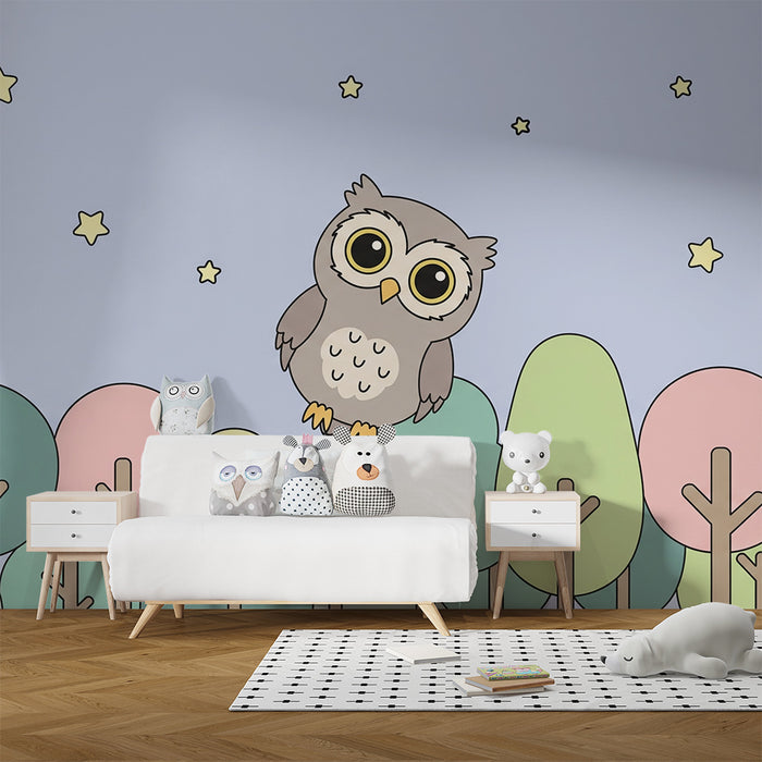 Barntapet | Söt uggla och stjärnbelyst skog i pastellfärger