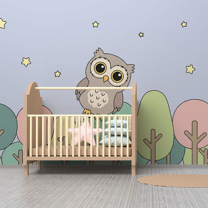 Barntapet | Söt uggla och stjärnbelyst skog i pastellfärger